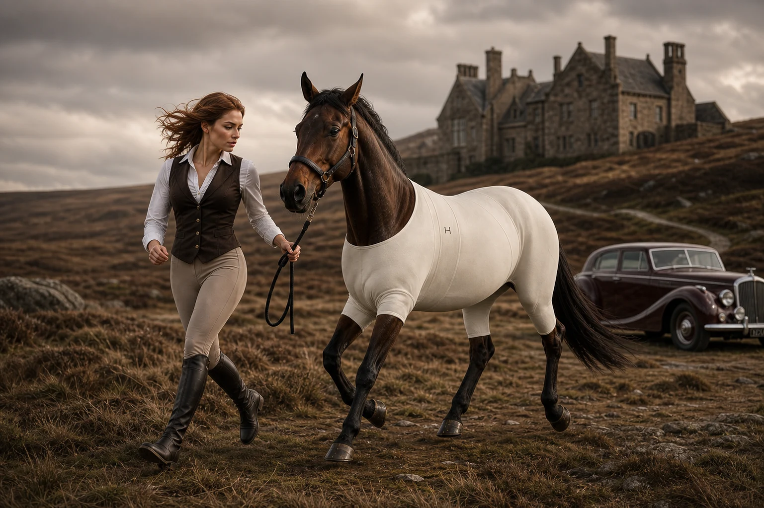 A horse in Hestpace compression, led across the moor before a Scottish house
