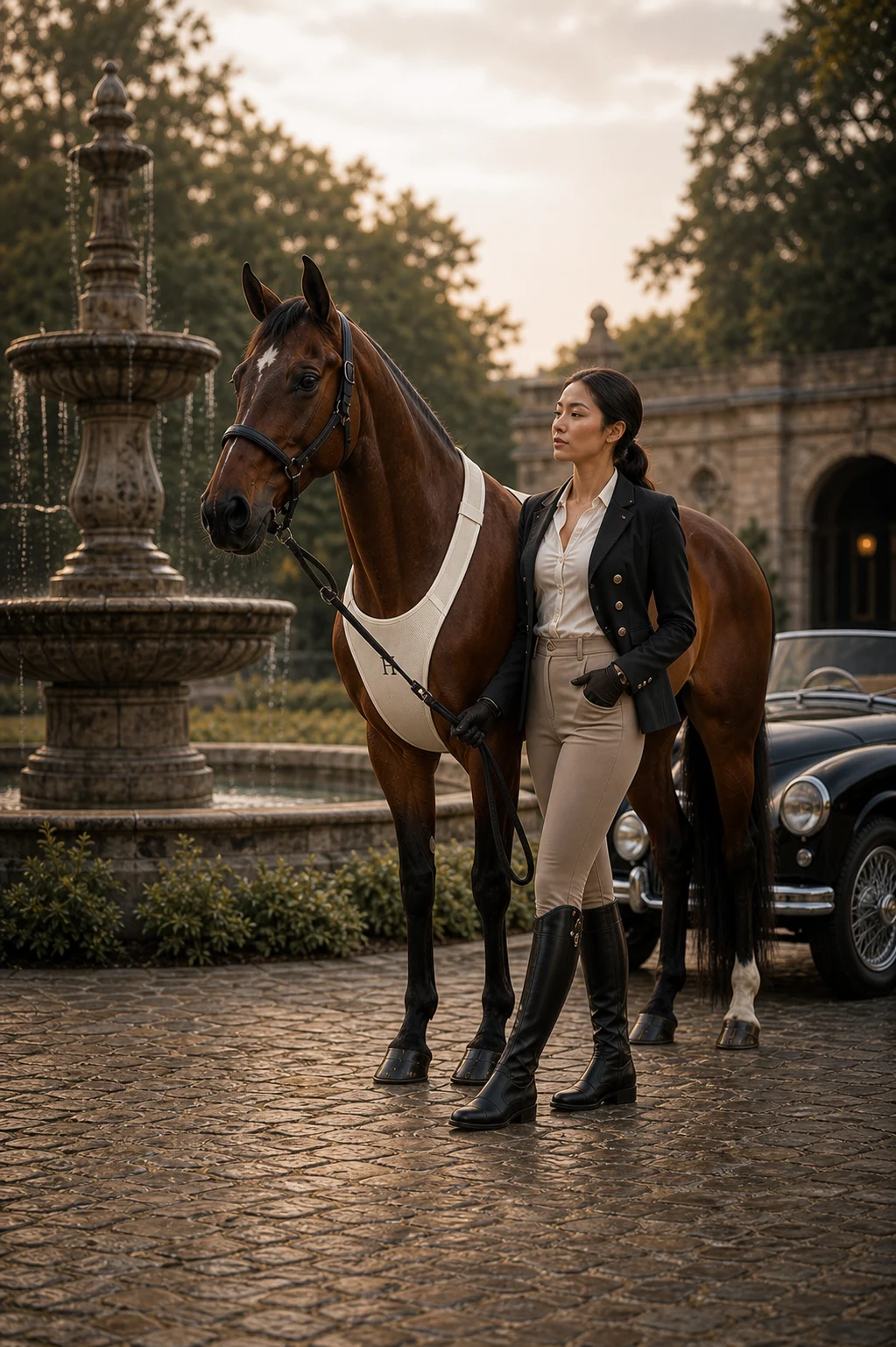 A rider and horse beside a formal fountain